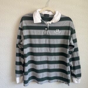 White‎ Fox Womens Rugby Polo Shirt Green Grey Striped Long Sleeve XXS/XS Preppy
